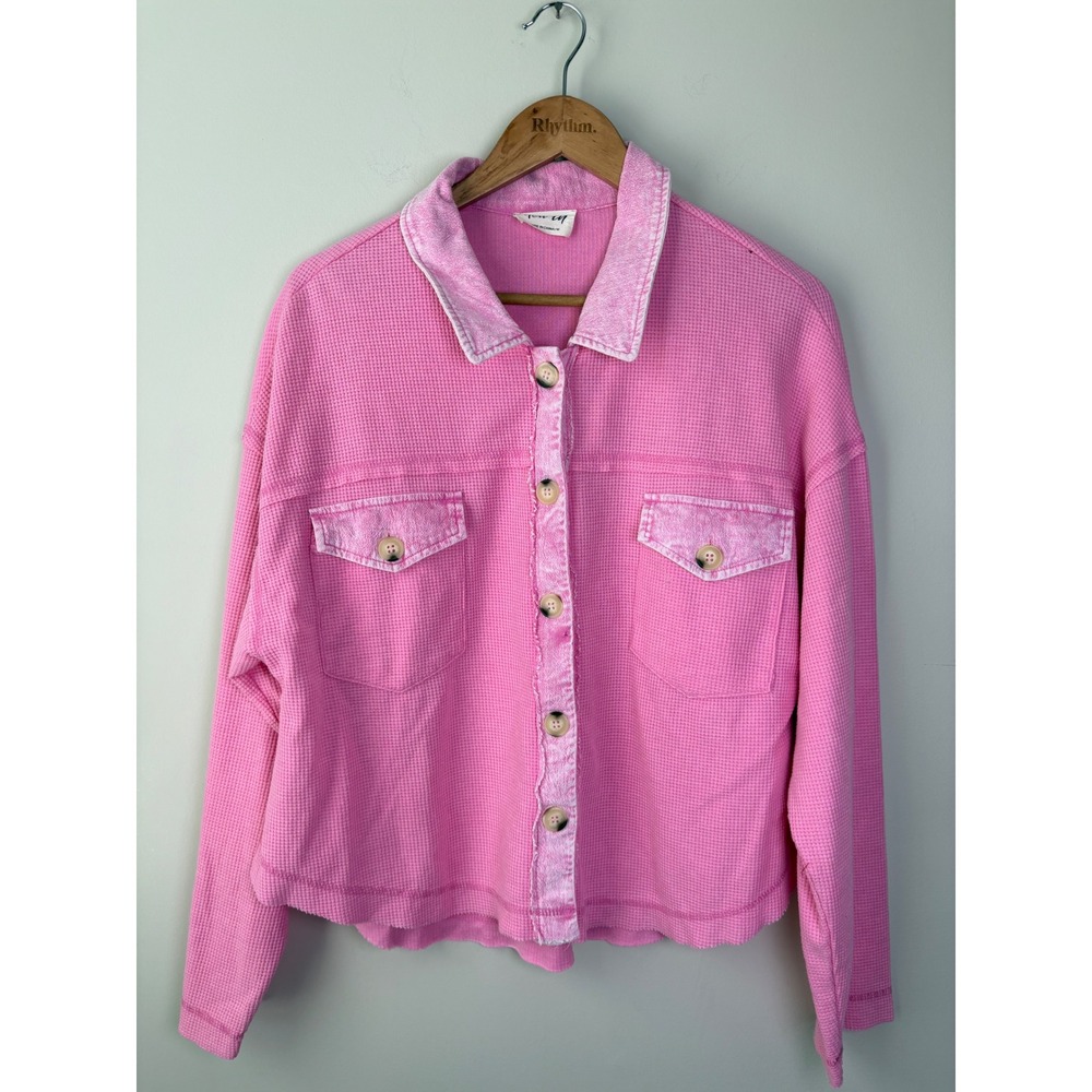 New In Pink Waffle Knit Shacket Acid Wash Contrast Button Down NJ90103 Medium